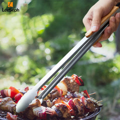 Leeseph Stainless Steel Food Tongs, Heavy Duty Kitchen Tongs with Wooden Handle for Cooking, Grilling and BBQ, 7-16 Inch Length