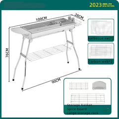 Outdoor Stainless Steel Charcoal Grill Large Size Barbecue Tool Portable Free Installation Handle Folding BBQ Cooking