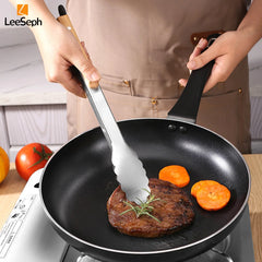 Leeseph Stainless Steel Food Tongs, Heavy Duty Kitchen Tongs with Wooden Handle for Cooking, Grilling and BBQ, 7-16 Inch Length