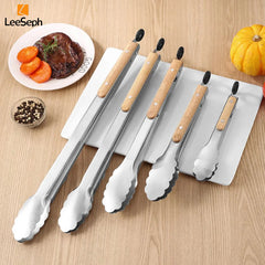Leeseph Stainless Steel Food Tongs, Heavy Duty Kitchen Tongs with Wooden Handle for Cooking, Grilling and BBQ, 7-16 Inch Length