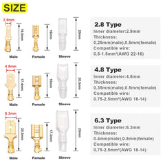 2.8/4.8/6.3mm Wire Crimp Terminals Kit Copper Male Female Wire Spade Connectors with Insulated Sleeve Electrical Conector Box