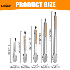 Leeseph Stainless Steel Food Tongs, Heavy Duty Kitchen Tongs with Wooden Handle for Cooking, Grilling and BBQ, 7-16 Inch Length